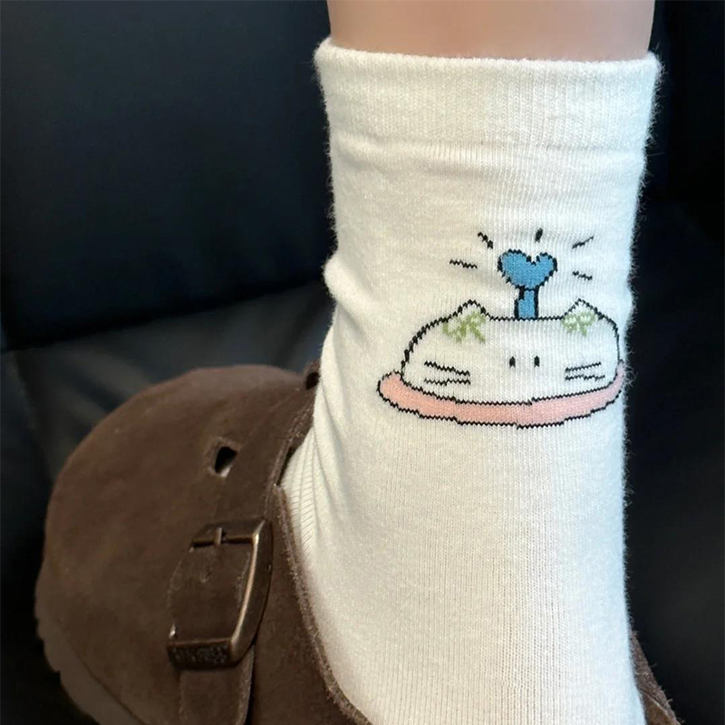 卡通袜子女纯棉春秋后跟猫咪长袜