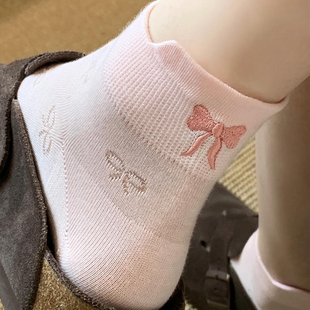 粉色蝴蝶结袜子女短袜夏季 棉袜网眼透气芭蕾风夏天可爱短筒袜 薄款