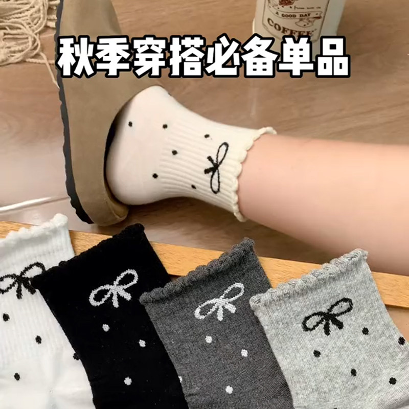 新款爆款蝴蝶结袜子女中筒袜花边棉袜ins潮春秋女生秋冬波点长袜
