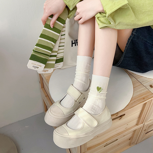 绿色条纹袜子女中筒袜春秋款 学院风堆堆袜白色纯棉日系网红超火夏