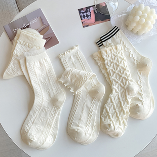 白色花边jk袜子女中筒袜夏季 纯棉日系lolita可爱夏天木耳边长袜