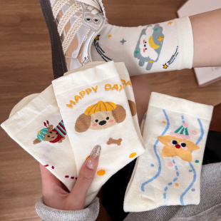 白色长袜 薄款 新款 可爱袜子女中筒袜纯棉春秋日系卡通学生小狗夏季