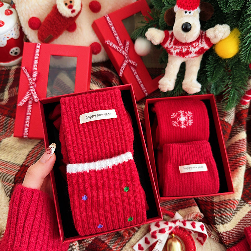 礼盒装红袜子女中筒袜纯棉马年红色过年新年礼物结婚秋冬长筒长袜