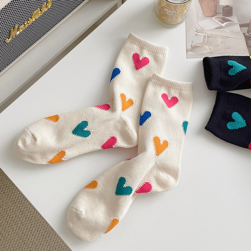 彩色爱心袜子女中筒袜白色纯棉潮夏季网红棉袜春秋长袜黑色长筒袜
