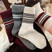 羊毛袜子女中筒袜加绒加厚保暖条纹勃肯鞋 新款 冬季 ins潮冬天长袜