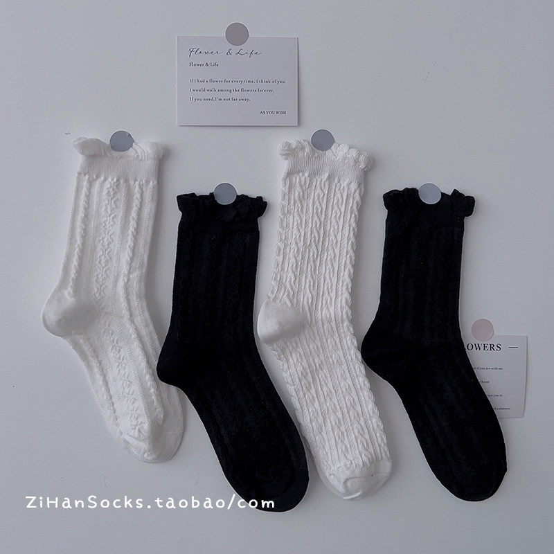 jk袜子女中筒袜白色可爱日系黑色洛丽塔棉袜ins潮纯色春秋花边袜