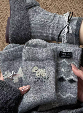 新款灰色可爱袜子女羊毛袜秋冬季加绒加厚保暖羊绒冬天蝴蝶结长袜