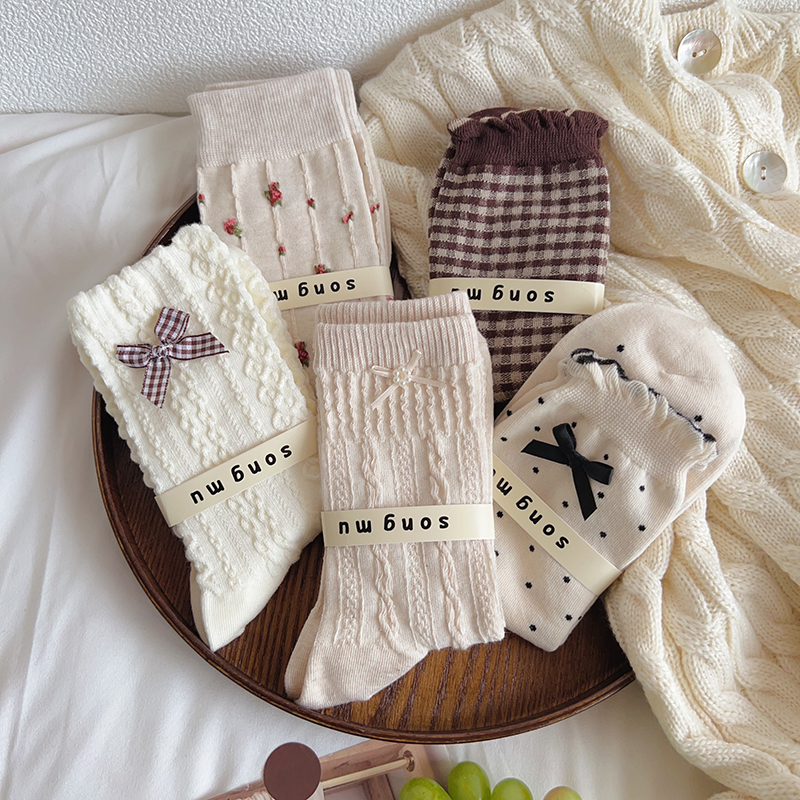 蝴蝶结袜子女中筒袜纯棉
