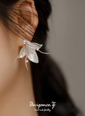 UNIG重磅复活白蝶贝流苏天然珍珠花朵翅膀气质可拆卸新娘耳环耳坠