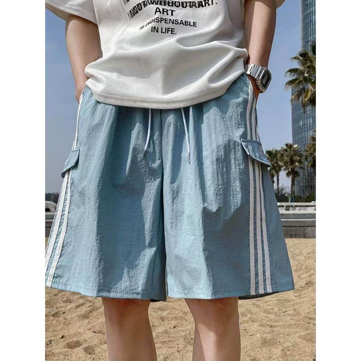 塔丝隆复合刺绣美式夏季侧边条纹松紧腰五分裤男女宽松直筒短裤男,男装,短裤,淘宝优惠券,粉丝福利购,淘宝优惠卷