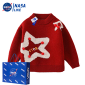NASA儿童红色星星喜庆毛衣套装 秋冬女童拜年服格子裤 一体绒两件套