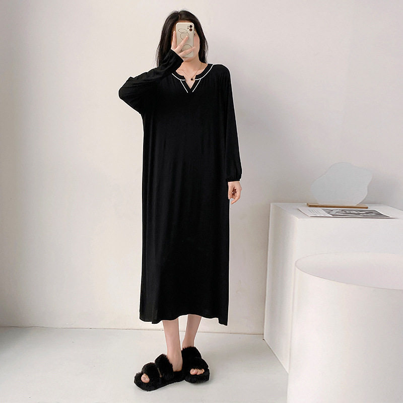 2024新款女士孕妇长裙带胸垫连衣裙睡裙莫代尔长袖睡衣性感宽松春