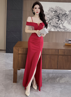 性感V领红色连衣裙女收腰开叉长裙显瘦御姐工作流苏晚礼服桑拿