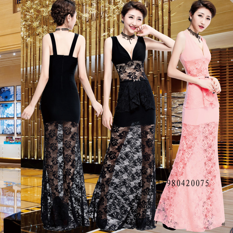 新款酒店KTV蕾丝透视夜店夜场小姐工作服性感桑拿技师长裙晚礼服