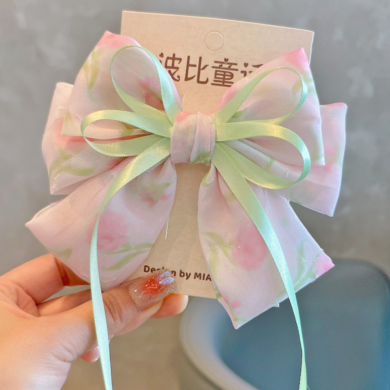韩版小清新碎花大蝴蝶结发夹甜美女童仙气顶夹儿童发饰头饰飘带