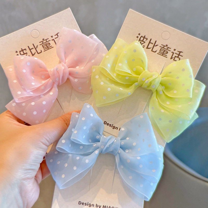 韩系新款果冻纱圆点女童发饰精工蝴蝶结清新波点儿童头饰顶夹发卡