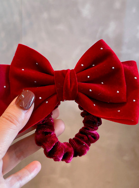 新款网红在逃公主酒红珍珠蝴蝶结立体顶夹儿童发圈头饰