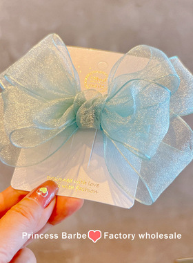 2026新款网纱韩版双层大蝴蝶女童发夹 公主后脑勺蓝色儿童发饰