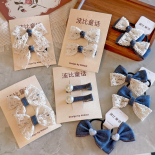 波比童话韩版 蕾丝牛仔布艺蝴蝶结儿童珍珠发卡发圈蕾丝女童发饰品