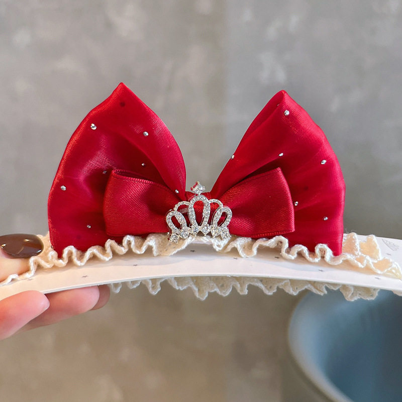 新品酒红烫钻婴儿发带立体珍珠蝴蝶结宝宝发带柔软亲肤有弹力发饰