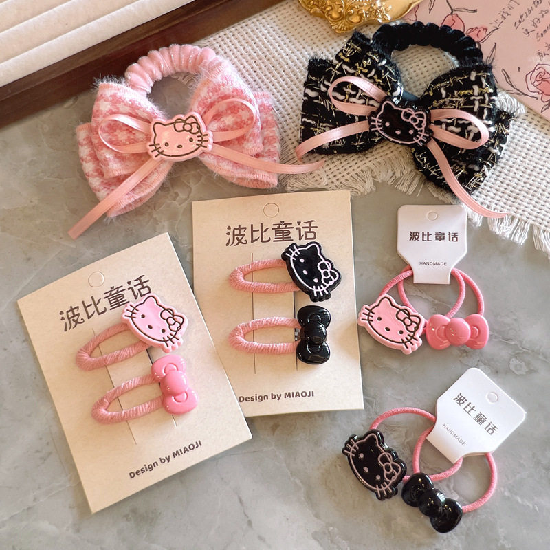 韩系可爱玫红粉色系卡通猫咪蝴蝶结发夹女童领结头绳马尾发圈边夹