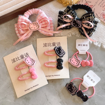 韩系可爱玫红粉色系卡通猫咪蝴蝶结发夹女童领结头绳马尾发圈边夹