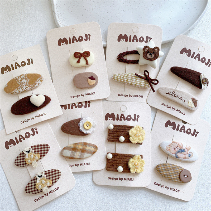 黄咖色系儿童蝴蝶结格纹碎发BB夹女童可爱卡通小熊发夹侧边刘海夹