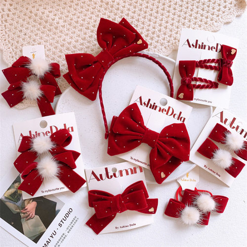 儿童新年红色喜庆蝴蝶结发夹刘海侧边BB夹女童扎头发皮筋发圈头绳