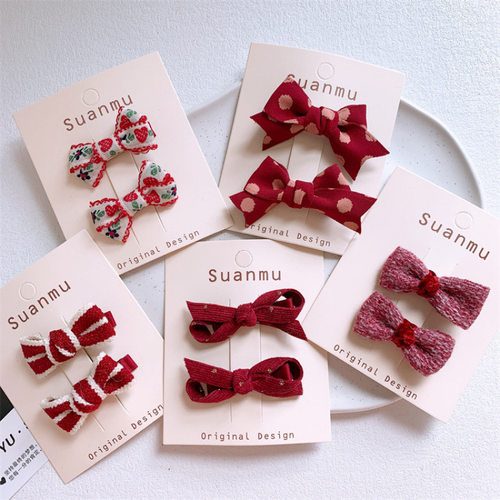儿童新年酒红色布艺蝴蝶结发夹可爱女童刘海侧边夹子对装发卡头饰