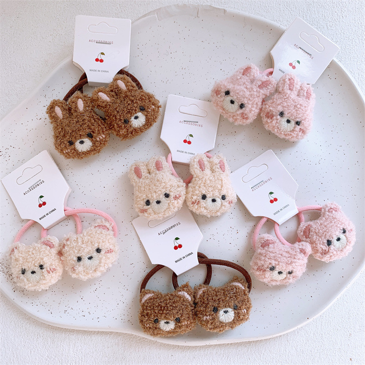 新款秋冬儿童毛绒卡通小熊兔子发圈小女孩扎头发皮筋发绳对装头绳