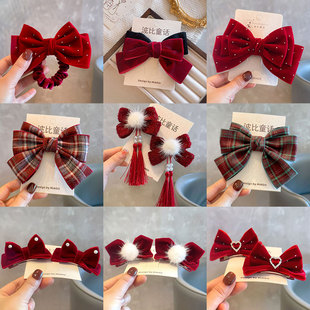 新款网红在逃公主酒红珍珠蝴蝶结立体发圈头饰马年春节过年拜年