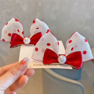 工厂店 自创韩版波点泡泡纱立体蝴蝶结儿童对夹珍珠女童发饰头饰