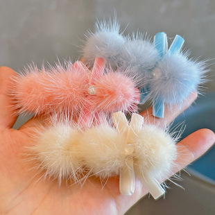 新年水貂毛软萌可爱女童发夹宝宝新年发饰儿童红色侧边夹头饰品