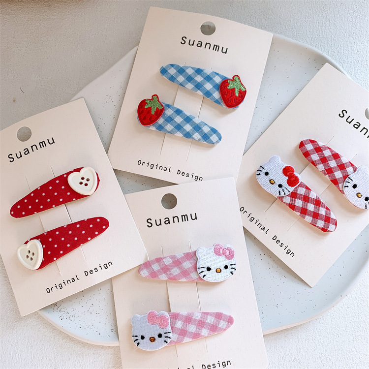 新款儿童可爱卡通猫咪格纹发夹小女孩侧边刘海夹碎发BB夹水果发卡