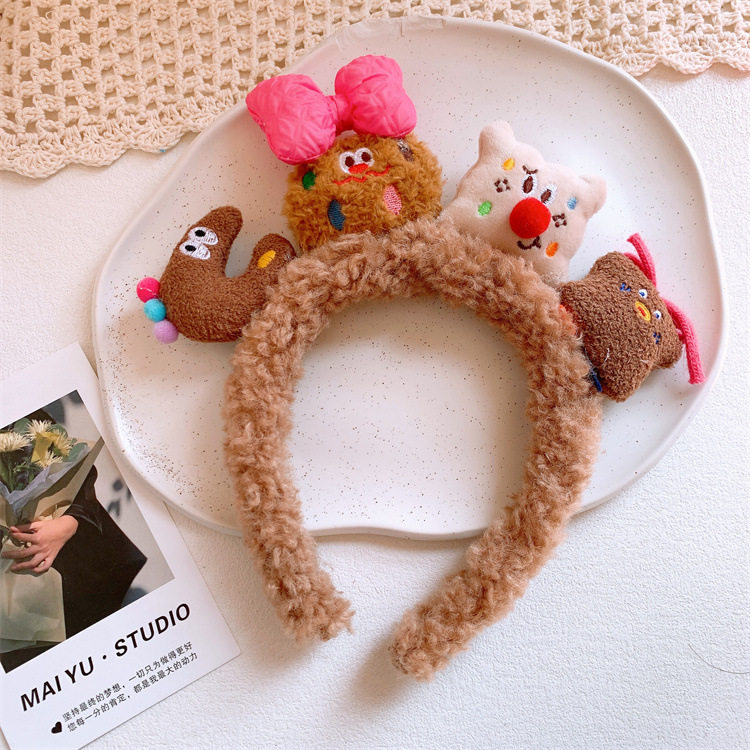 秋冬季儿童可爱卡通曲奇饼干蝴蝶结发夹发圈甜美少女毛绒发箍头饰