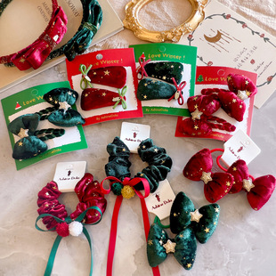 发圈发饰 圣诞节儿童发夹可爱丝绒BB夹对夹布艺蝴蝶结飘带 新款