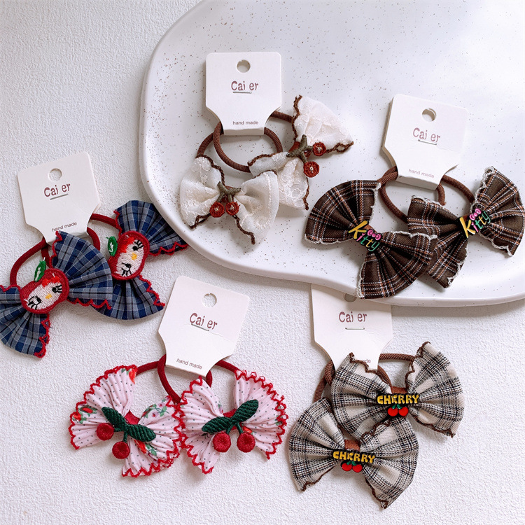 韩系儿童樱桃格子蝴蝶结发圈女孩扎头发皮筋发绳宝宝对装头绳发饰