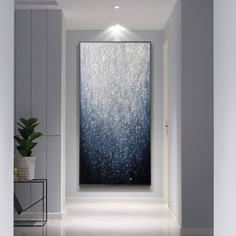 水晶立体黑白灰手绘油画高级客厅玄关装饰竖挂画轻奢走廊尽头抽象