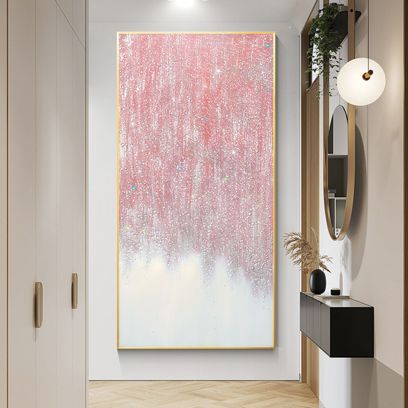 水晶实物粉色纯手绘油画客厅玄关装饰竖挂画轻奢北欧走廊尽头抽象