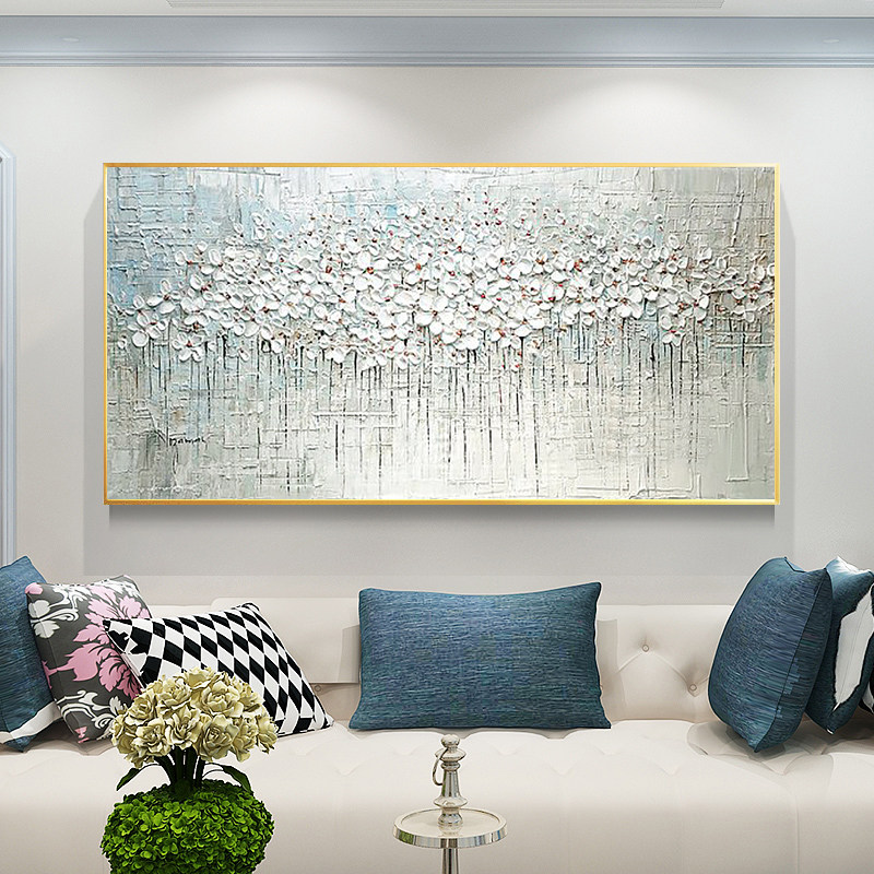 奶油风手绘油画简约现代客厅装饰画沙发后面背景墙抽象发财树挂画