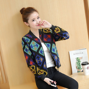 2016冬新款修身加厚羊绒毛呢短女装外套印花夹克呢子棒球服潮