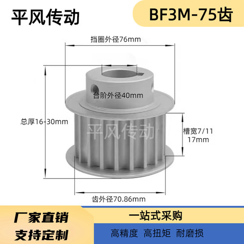3M75齿槽宽7/11/16BF型 两面平同步带轮75P3M150-B-N12 100皮带轮