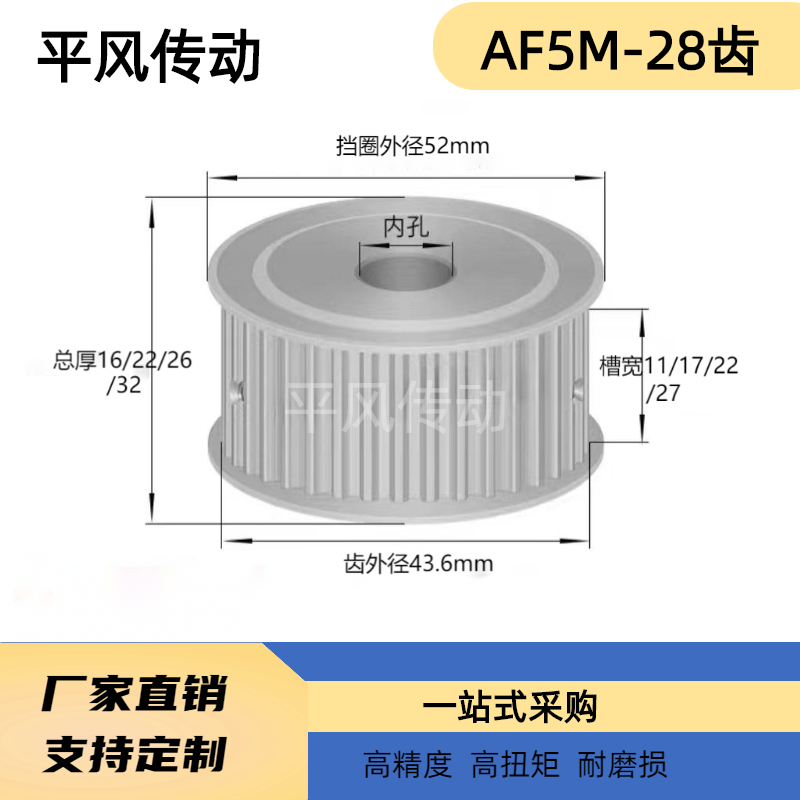 两面平同步轮 5M28齿/T 槽宽11 AF型 铝同步皮带轮 28P5M100-A-P