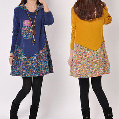 新款2020春秋季大码女装假两件胖mm宽松休闲裙韩版打底长袖连衣裙