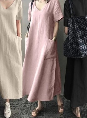 春夏棉麻V领大摆型宽松大码短袖连衣裙文艺国风复古新款女装2533