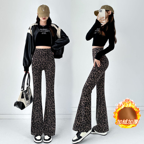 女加绒豹纹微喇鲨鱼裤高腰显瘦
