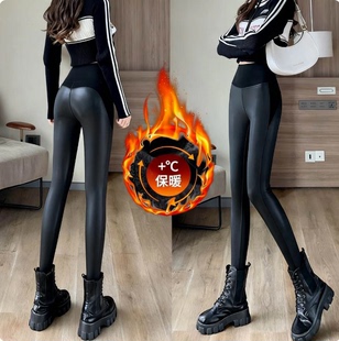 显瘦弹力喇叭裤 小香皮PU皮裤 子 女加绒高腰微喇鲨鱼裤 2025秋冬新款