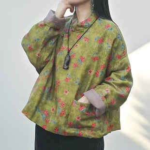 秋冬季新中式复古文艺宽松大码苎麻印花夹棉棉衣棉袍子棉服外套