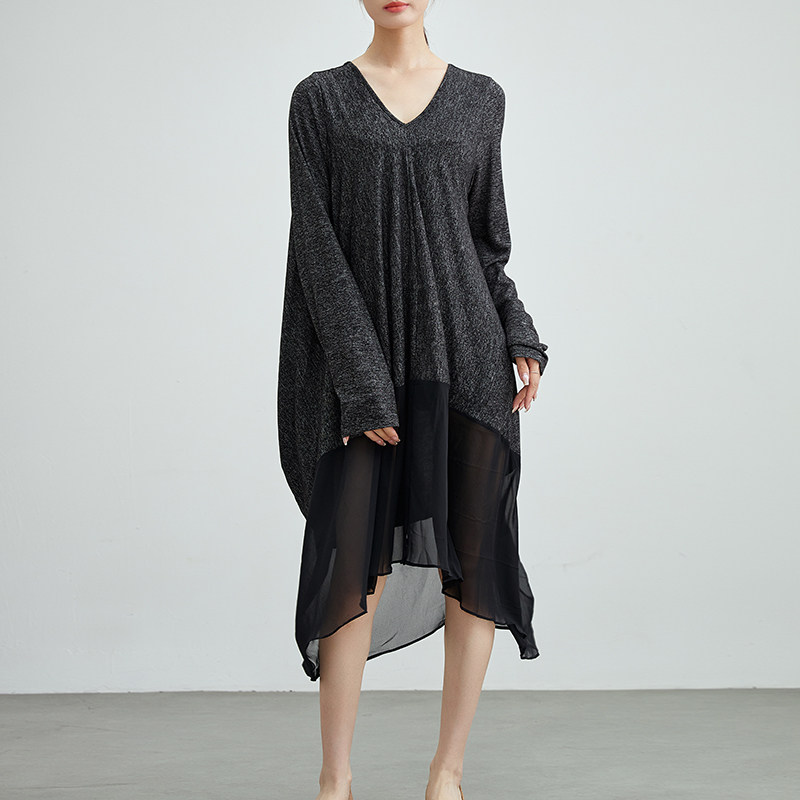 秋冬季新款原创女装宽松大码长袖针织棉拼接文艺上衣中长款毛衣裙