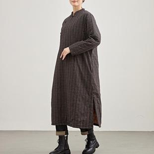 秋冬季复古文艺彩色格子夹棉旗袍连衣裙女立领盘扣侧开襟绗棉袍子